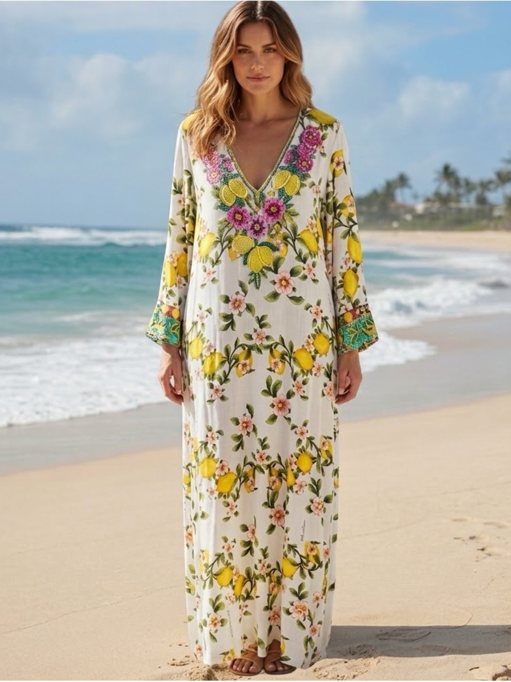 NWT Antica Sartoria Beaded Lemon Floral Maxi Dress Cover-Up